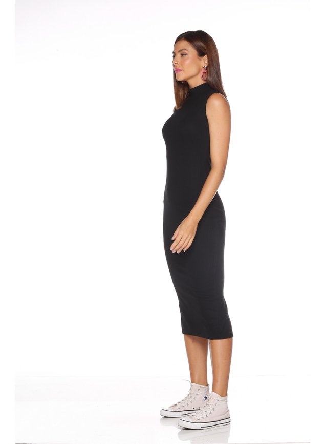 vestido midi basico fenda gola alta linha leve 1